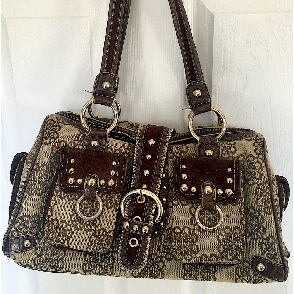 Kathy Van Zeeland Floral 4 pocket handbag with gold and suede trim